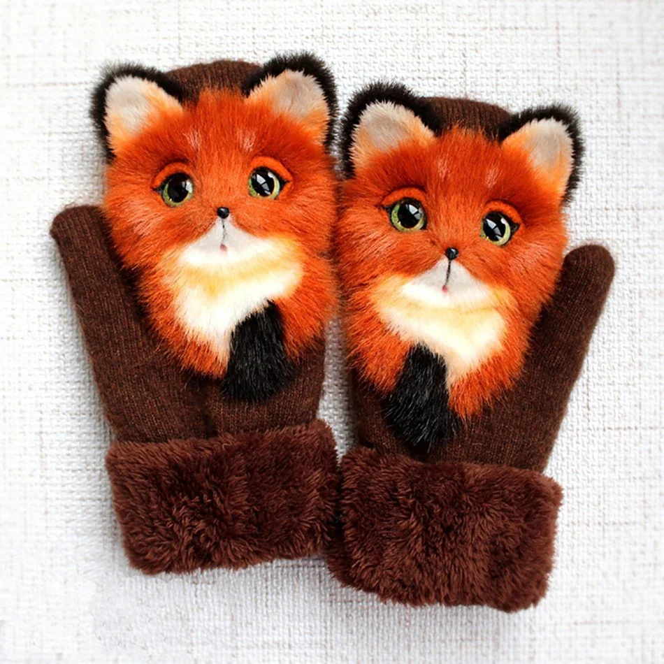 Funny Cute Cat Cartoon Winter Warm Children\'s Gloves Plus Velvet Thickened Girls Adults Gloves Christmas Gifts Kids Knit Mittens