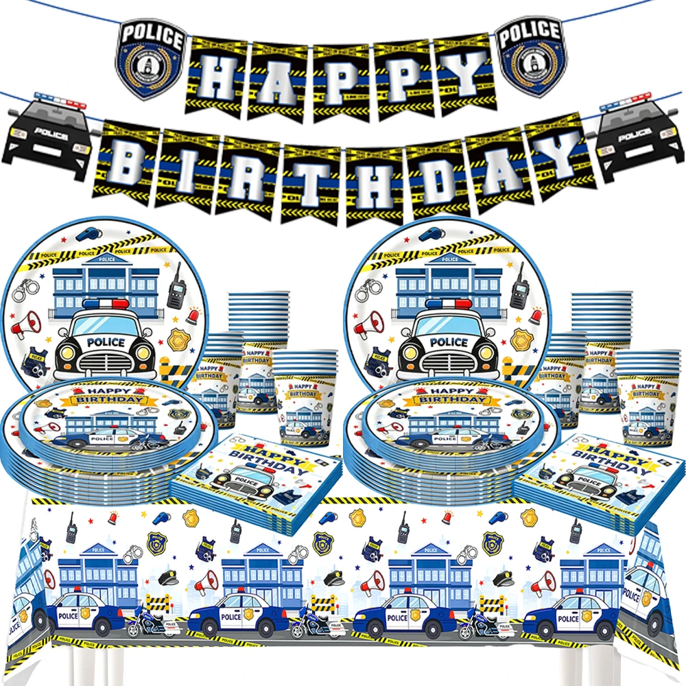 Polizei-Geburtstagsparty-Zubehör Polizeiauto Einweg-Pappteller Becher Servietten Happy Birthday Banner Polizeibeamten-Themen-Dekorationen