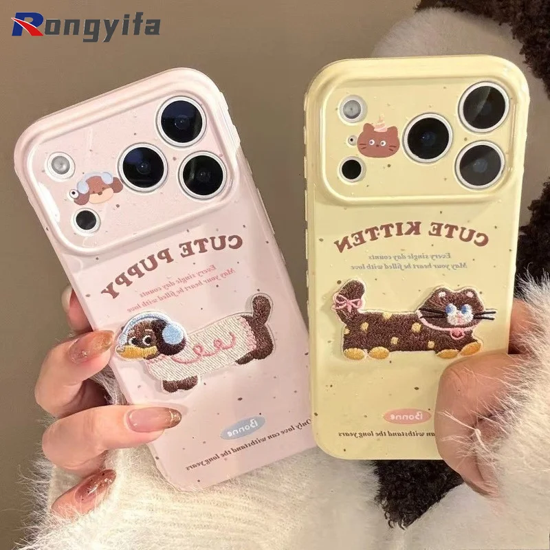 3D Embroidery Pet Case For OPPO Reno 16 15 A7 Pro Max Mini 15C 14 13 11 9 Pro 8Z 7Z 7 5G Kitten Puppy Couple Aesthetic Casing
