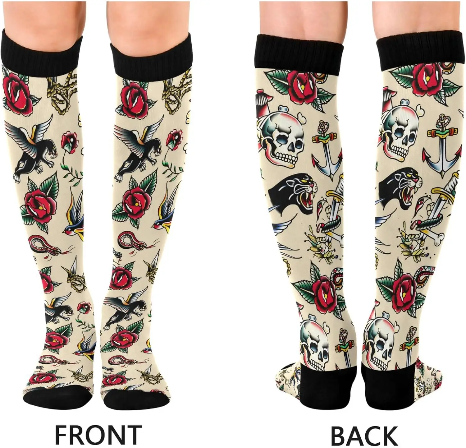 Traditional Tattoo Compression Socks for Women Men 20-30mmHg Knee High Athletic Stockings, Running Cycling Sport Travel