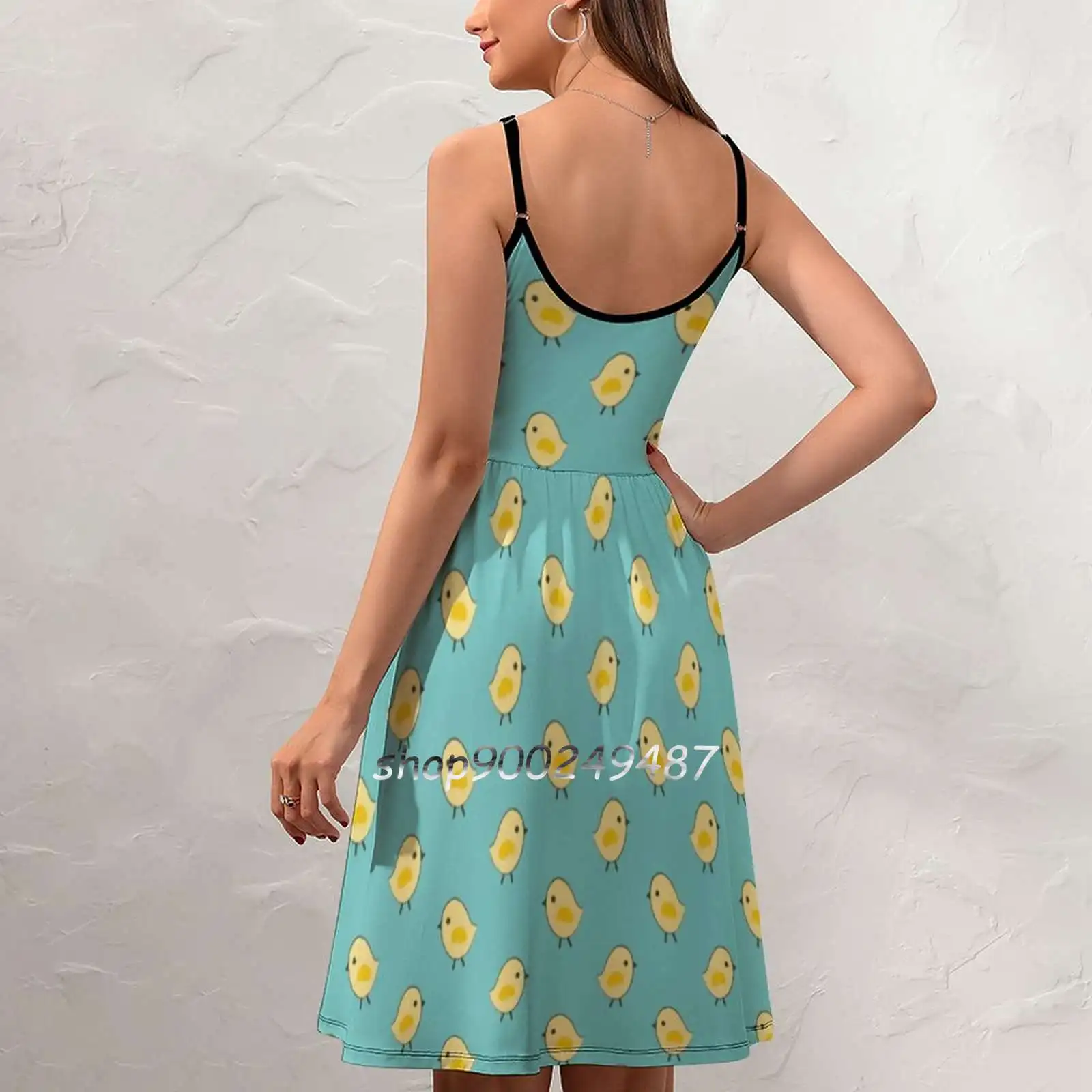 Busy Chicks-Aqua Sweet Summer Casual Sling Dresses Korean Women Sexy Sundress Easter Spring Cute Chicks Chickens Pattern Kids