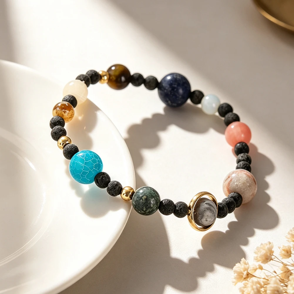 Natural Stone Solar System Bracelet Volcanic Lava Rock Beads Planet Men Women Chakra Healing Elastic Bracelet Fashion Jewelry