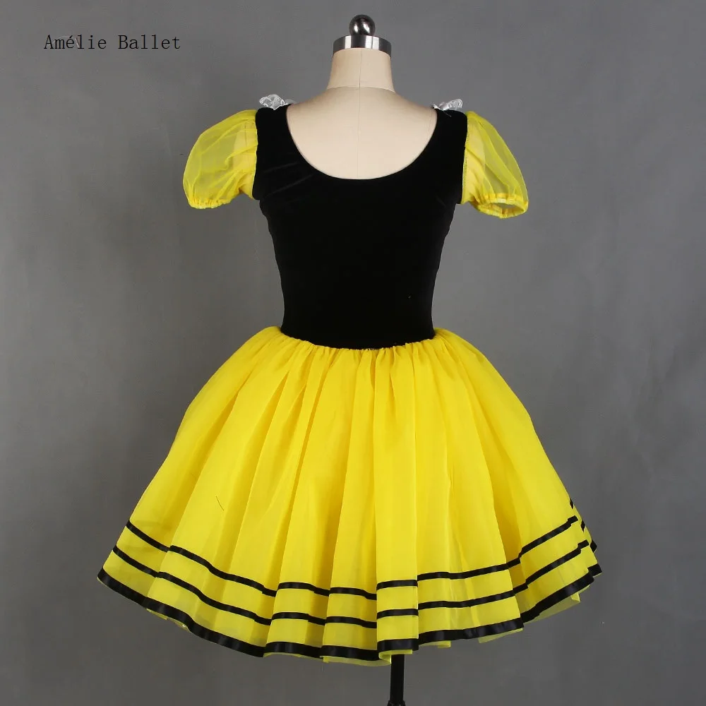 21046 Leotardo de terciopelo elástico negro con mangas abullonadas amarillas adjuntas 5 capas tutú de tul amarillo faldas de baile de Ballet para niños adultos