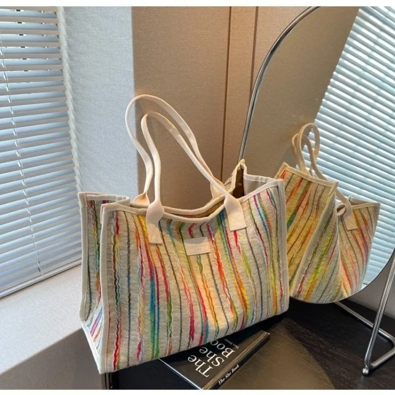 Large Capacity Tote Bag 2024 New All-match Rainbow Stripe Single Shoulder Tote Bag Hard Bottom Stereo Treasure Mom Out Handbags