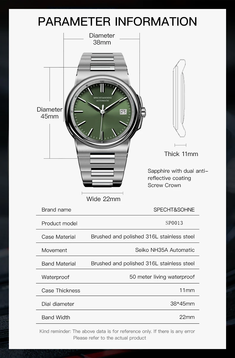 Specht&Sohne New Luxury Elegant Men\'s Watch Japan NH35 Automatic Mechanical Watches Green Color 50M Waterproof Relogio Masculino