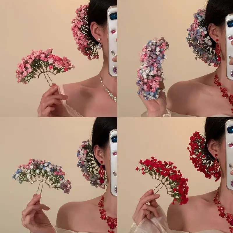 Handgefertigte Gypsophila-Blumenfächer-Haarnadel mit zarten bunten Blumen und goldenem Rahmen für Hanfu, traditionelle Feste und den täglichen Gebrauch. – Detail 2
