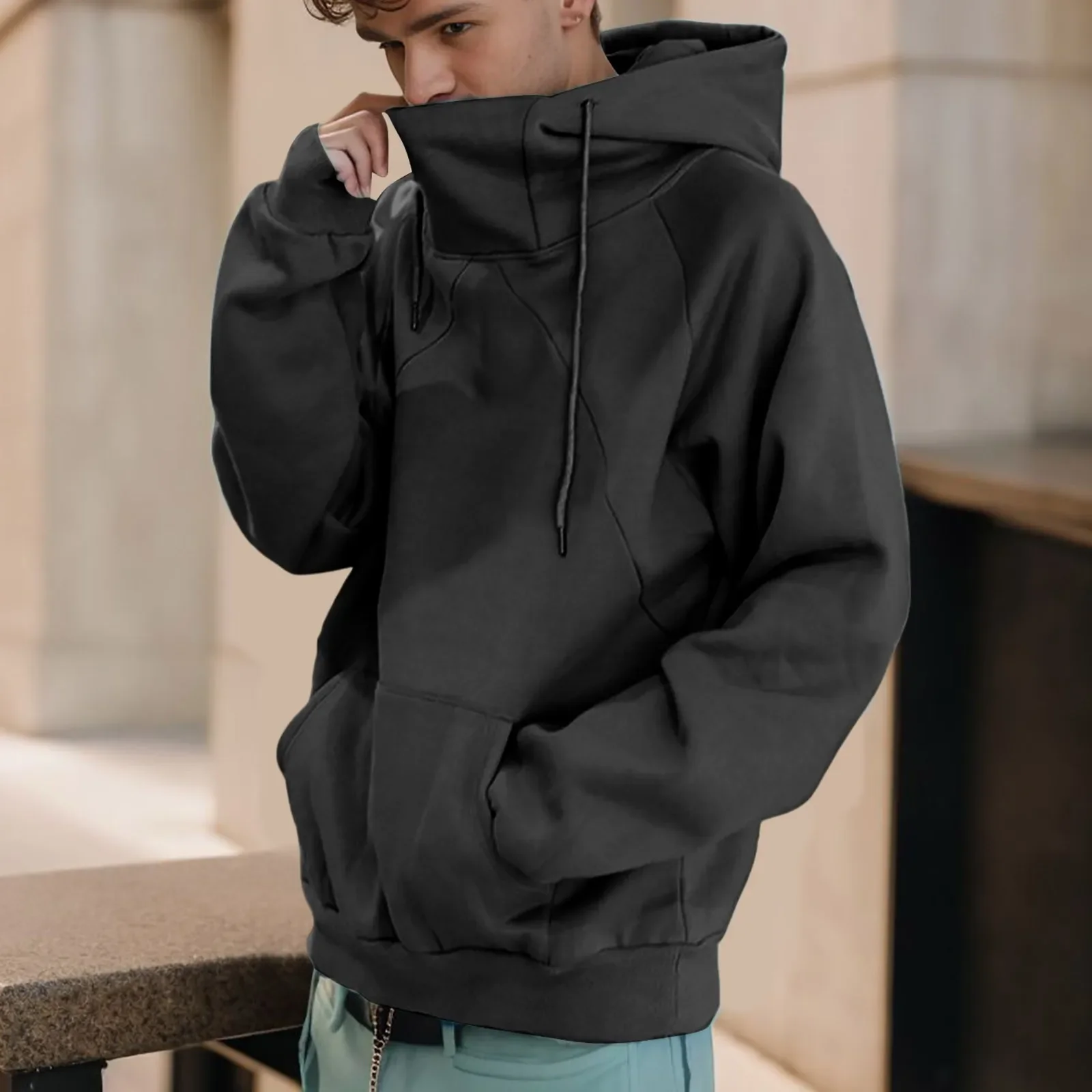 Sudadera con capucha holgada de cuello alto para hombre, sudadera informal con capucha, jersey de manga larga solido sudaderas