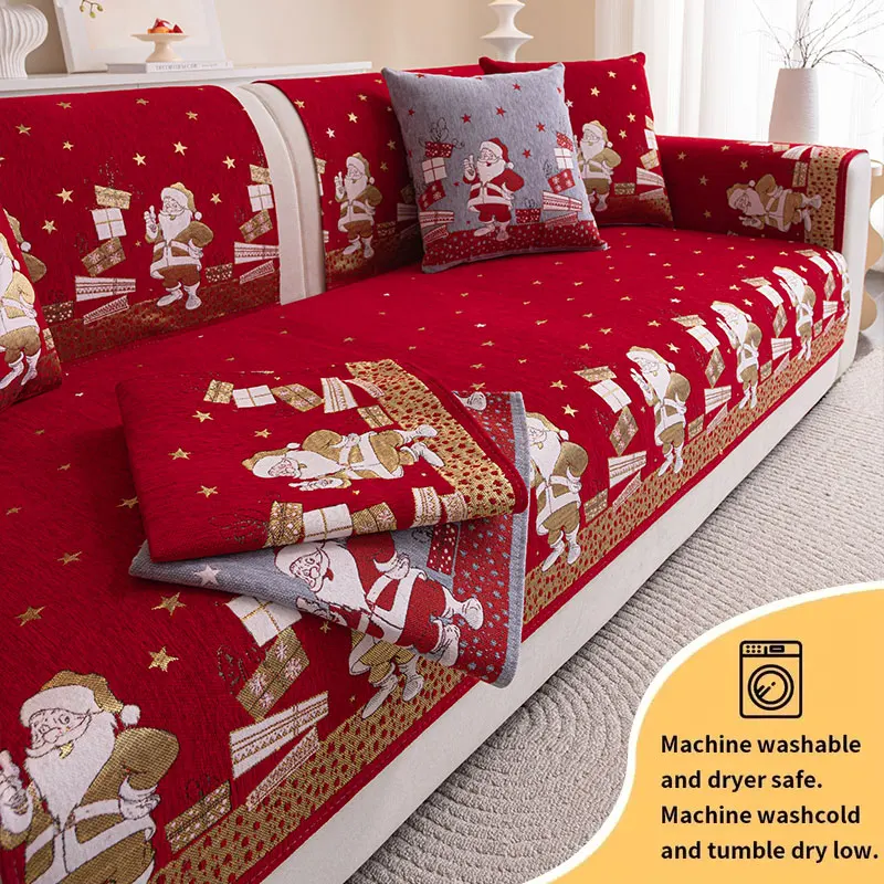 1PC-Santa Claus Chenille Sofa Mat Red Christmas Celebration Four Seasons Universal Non slip Sofa Mat