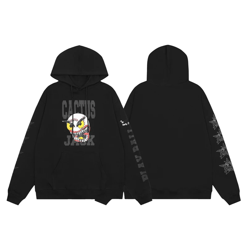 Unisex Tide Cactus Jack Hooded Sweatshirt Black Loose Couples Clothing Funny Face Headwear Print Pullover Utopia Hoodies