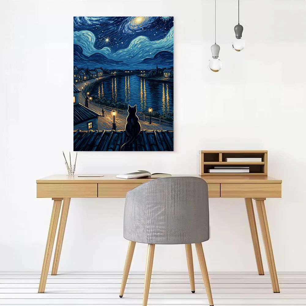 Cat on a Rooftop Overlooking a Van Gogh-style Canvas Wall Art Poster Personalized Photo Printing Perfect Gift for Wand Deko Arts