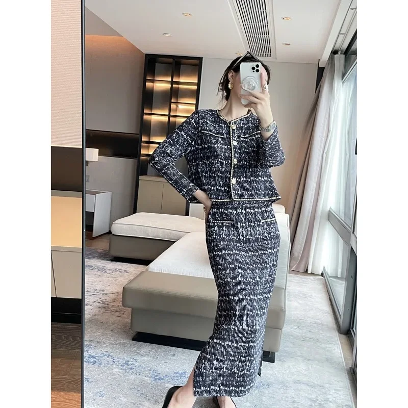 Miyake Pleated Printed Suit Round Neck Single Breasted Short Jacket+skirt 2-piece Set Elegant Holiday Party Women\'s Clothing