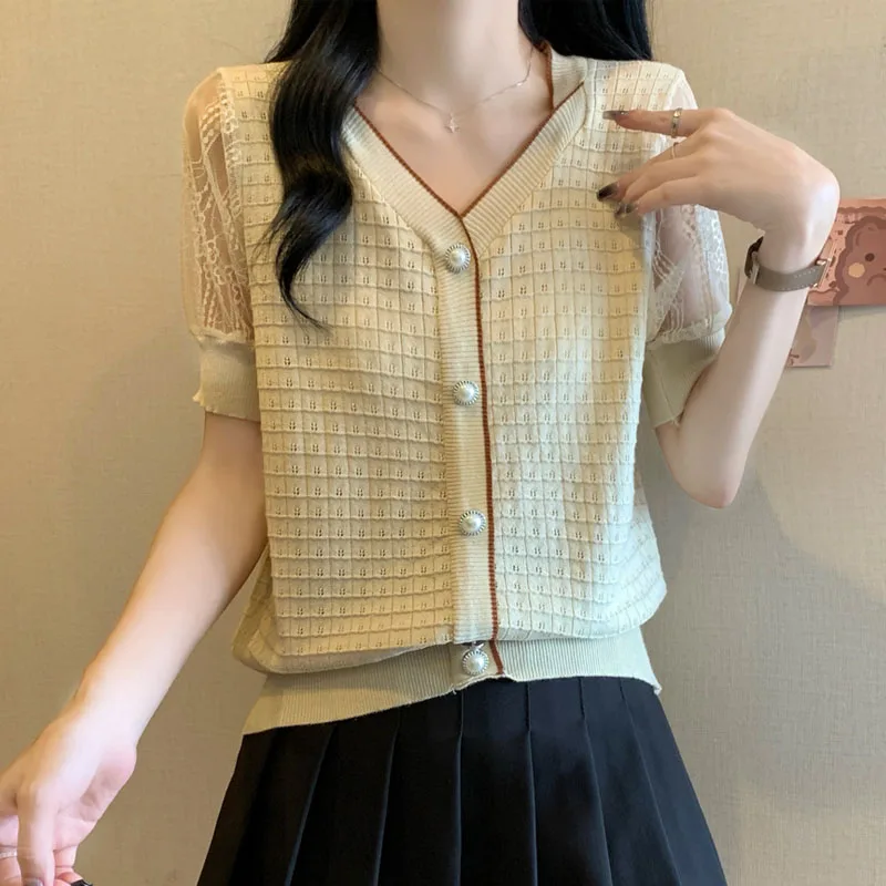 

Новый черный вязаный свитер с V-образным вырезом для женщин, пуловер с коротким рукавом, женский топ Q3167