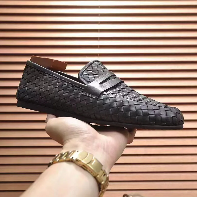 Hand-woven Loafers Black Oxford Shoes Genuine Leather Classic Style Dress Leather Shoes  Casual Round Toe Formal Shoes Men New