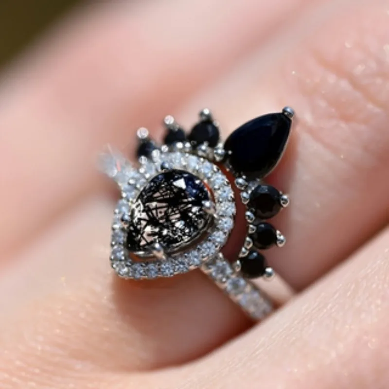 2pc/Set Elegant and Fashionable Ring with Black Synthetic Zirconia Ring Suitable for Women's Daily Wear Weddings Party Outings
