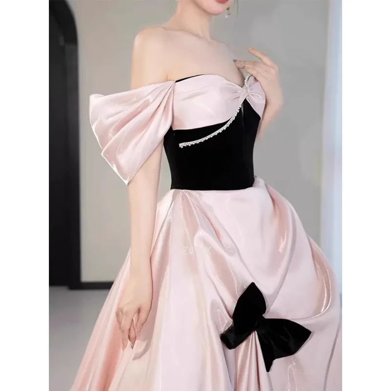 كوريا الأميرة الوردي قبالة الكتف فساتين السهرة صورة تبادل لاطلاق النار الأكمام Bowknot الحرير الساتان فساتين حفلات الزفاف فستان الحفلات 2025 جديد