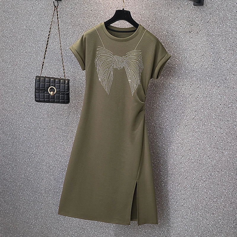 Frauen Baumwolle T-Shirt Kleider Sommer weiblich o Hals Kurzarm große Größe elegante schwarz grüne Schleife Diamanten knielange Vestidos