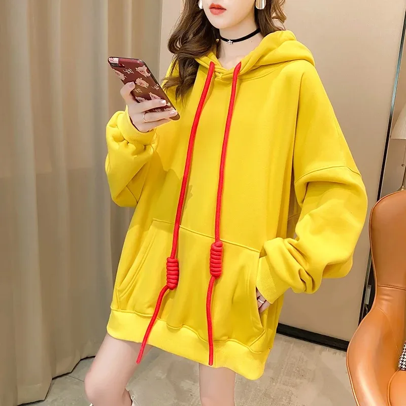 Oversized  Thick Women Sweetshirts Fashion Pullover Ladies Fleece Lining Long-sleeved Loose Casual Hip-hop Solid Color Hoodie