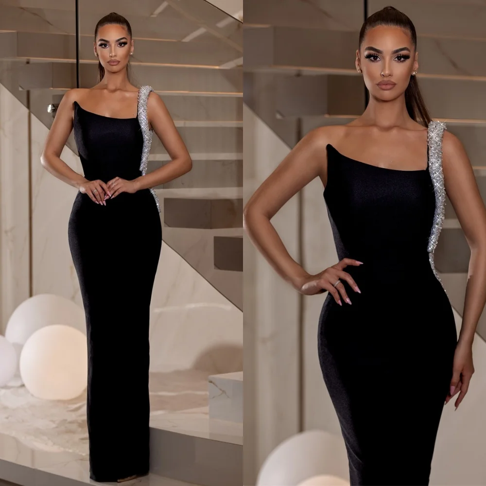 

Элегантное вечернее платье из черного джерси по индивидуальному заказу, нежное платье для выпускного вечера без бретелек на одно плечо, платья со шлейфом на заказ