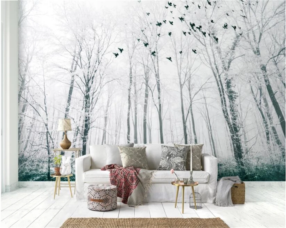 Custom Photo 3d Mural Black White Big Tree Snow Scene Forest Bird 3d wallpaper Living room sofa TV background bedroom restaurant