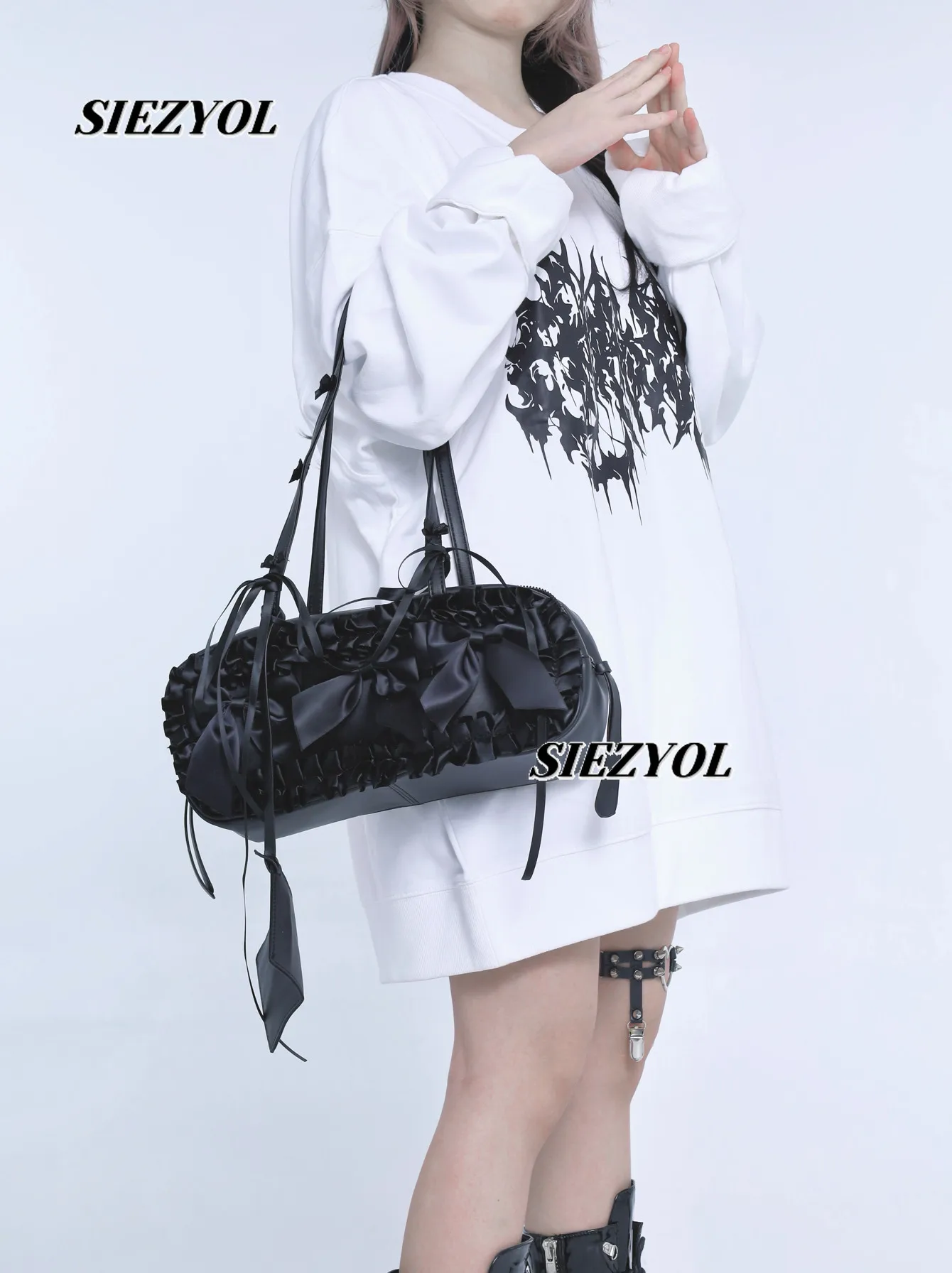 Black Bow Layered Lace Commuter Versatile Handbag Sweet Girl Fashion Shoulder Bag Zipper Makeup Pouch for Women