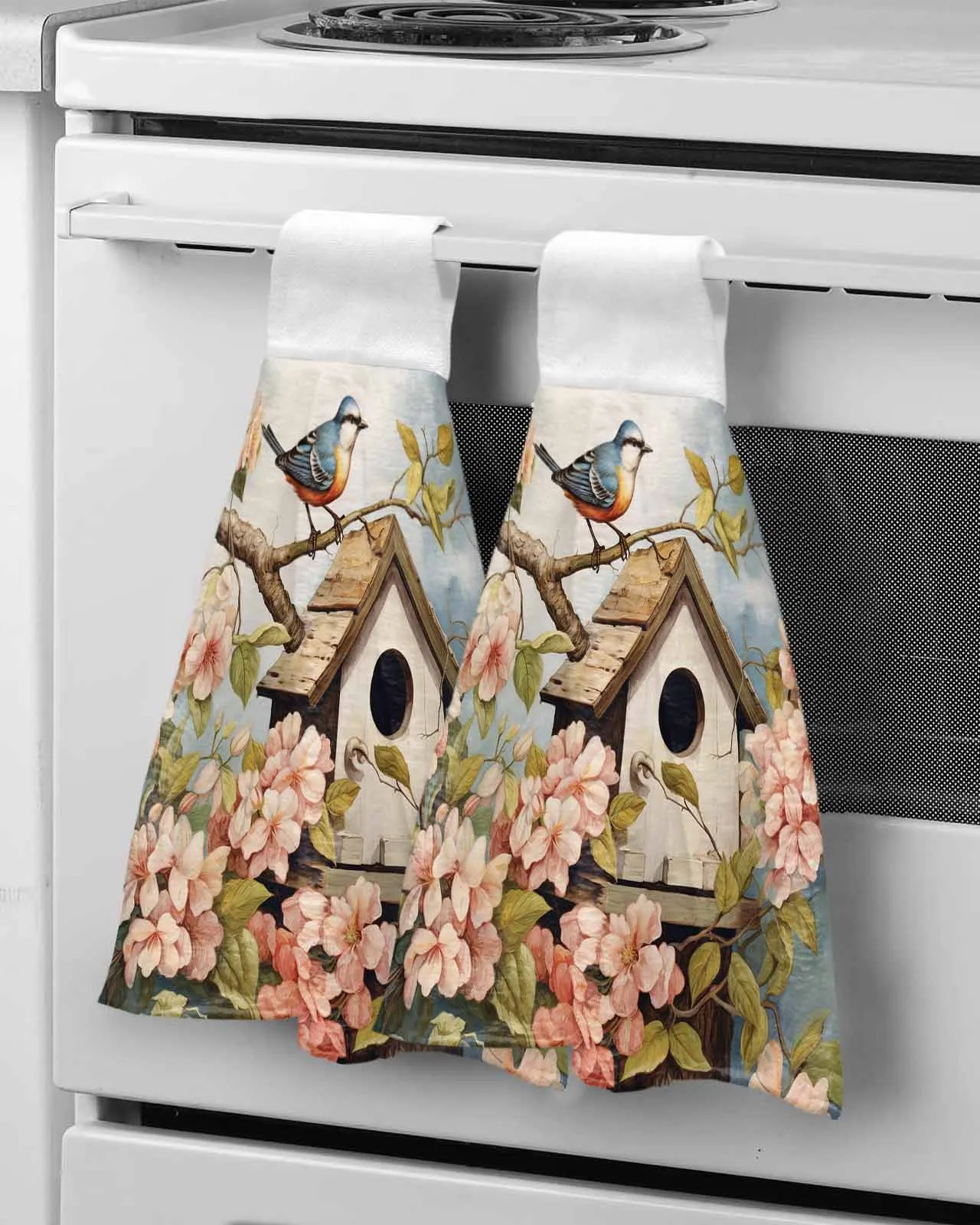 Spring Vintage Birdhouse Flowers Birds Hand Towels Kitchen Bathroom Hanging Cloth Quick Dry Soft Absorbent Microfiber Towels