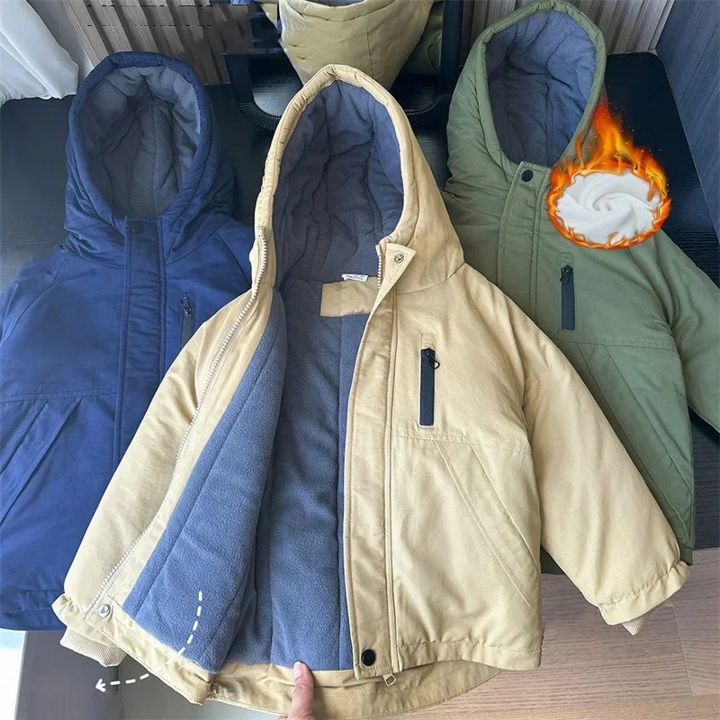 

Boys Thick Jackets Children Plus Velvet Cotton Coats Kids Padded Hooded Outerwear Fashion New Teenager Winter Outerwear 3-10Y