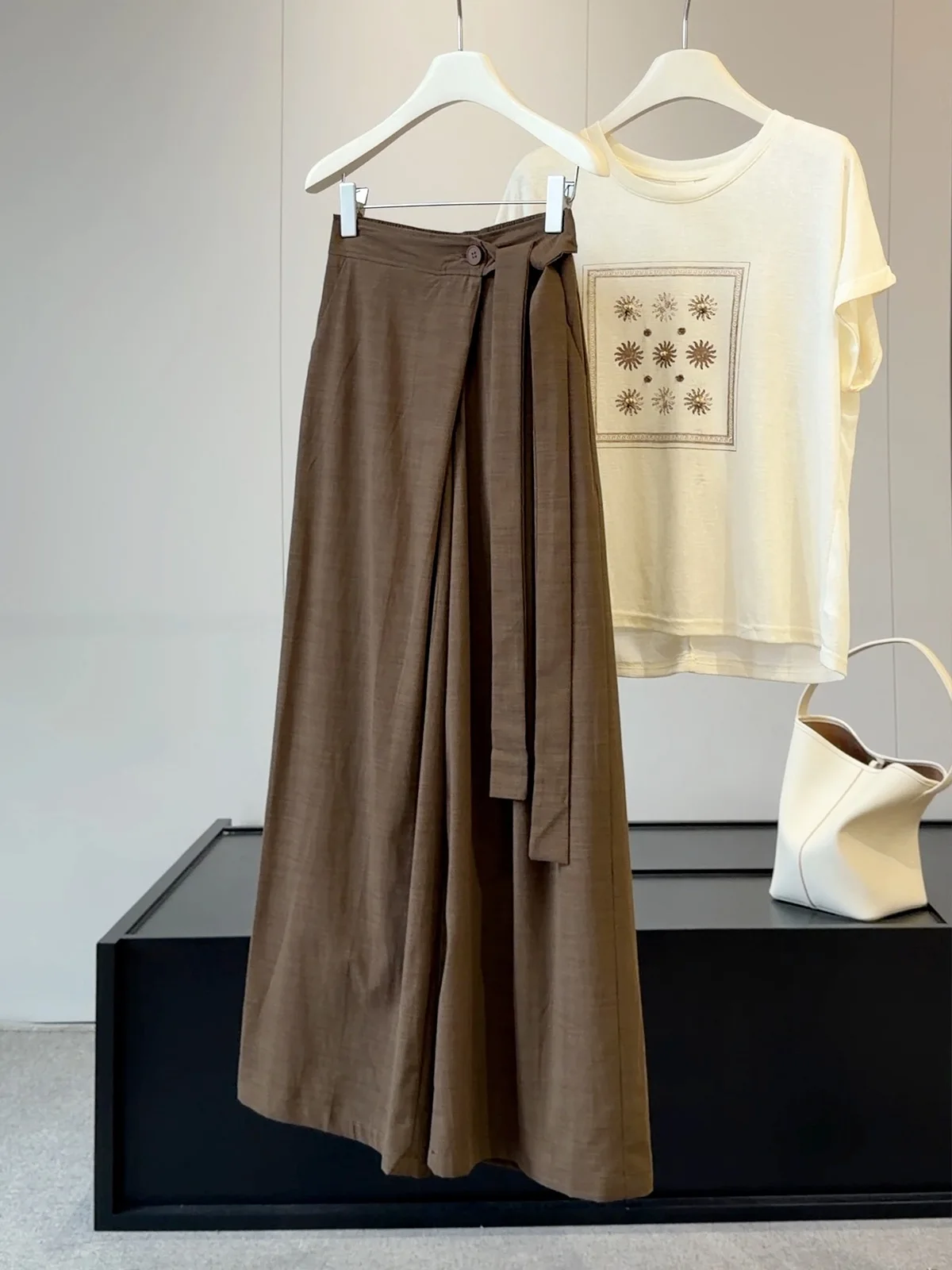 Harajuku Minimalist Beige Wrap Tie Wide Leg Ice Silk Linen Pants Split Front Palazzo Trousers Women Casual Minimal Office Bottom
