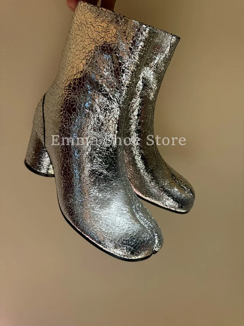 

Fashion Bling Split Toe Boots for Men Silver Casual Round Heel Retro Shoes Ankle Winter New Calf Leather Men's Modern Boots