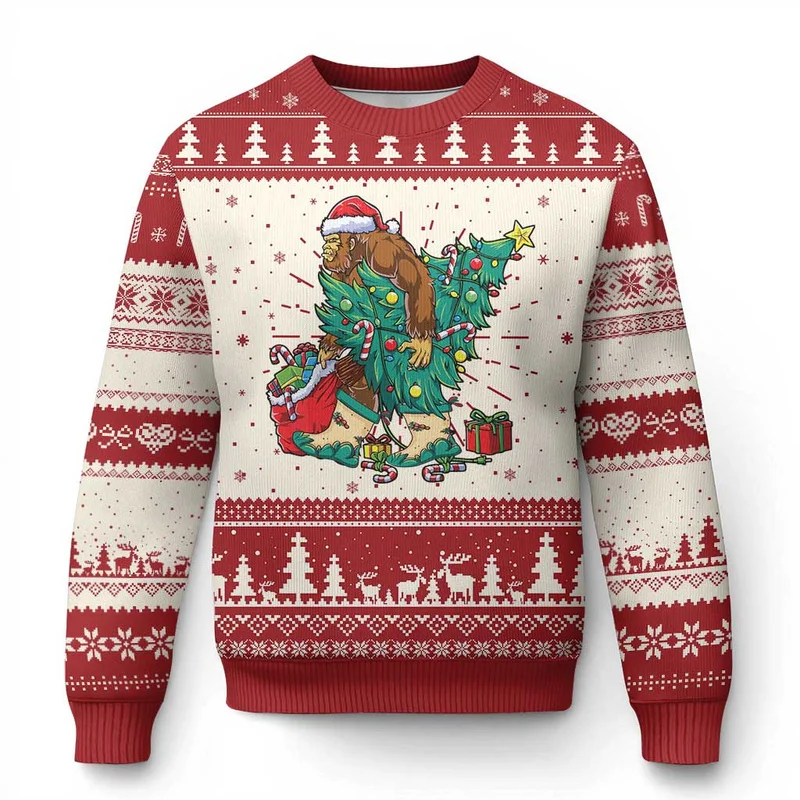 2027 Believe in Bigfoot This Winter with Graphic Sweaters An Ugly Christmas Sweater Featuring Aliens and Festive Folklore Prints