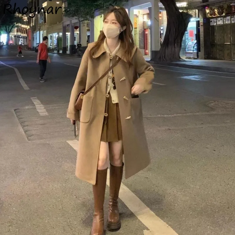 

Khaki Blends Women Fashion Horn Button Autumn Winter Coats Kawaii College England Style Leisure Attractive All-match Chic Teens