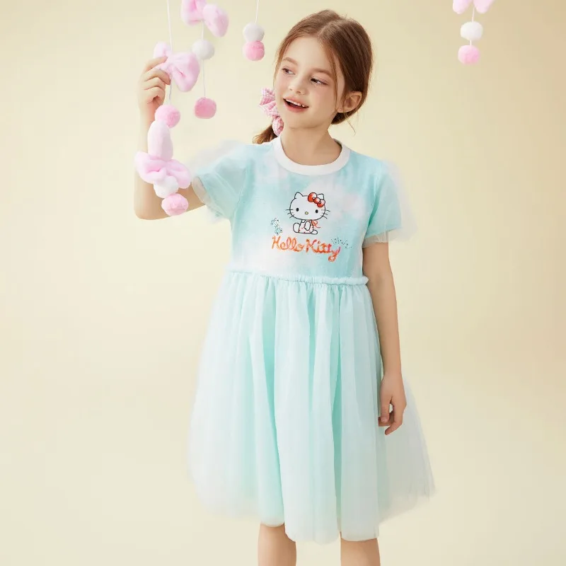 

Hello Kitty Anime Kawaii Sanrio Casual Baby Short Sleeve Shirt Dress Cute Cartoon Kt Cat Princess Skirt Clothes Gifts