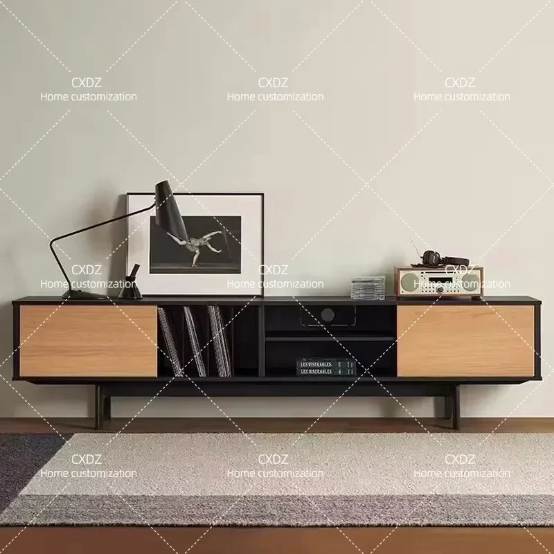 Nordic wabi-sandy wind solid wood retro color matching walnut solid wood TV cabinet black oak audio-visual floor cabinet