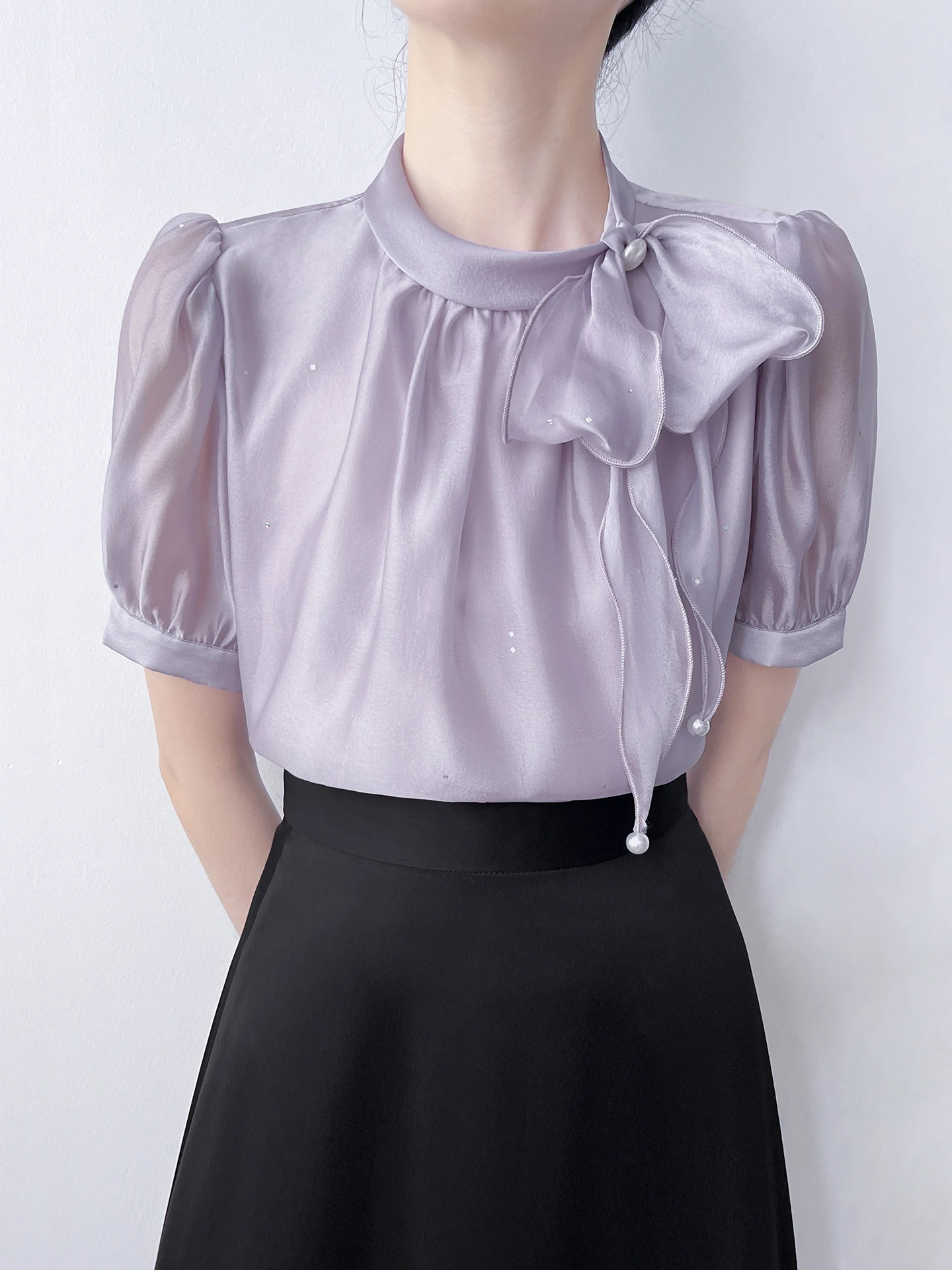 

Korean Style Knot Short Sleeve Bubble Sleeve Stand Collar Purple Shirt Women's Elegant Flounce Hem Polyester Chiffo...