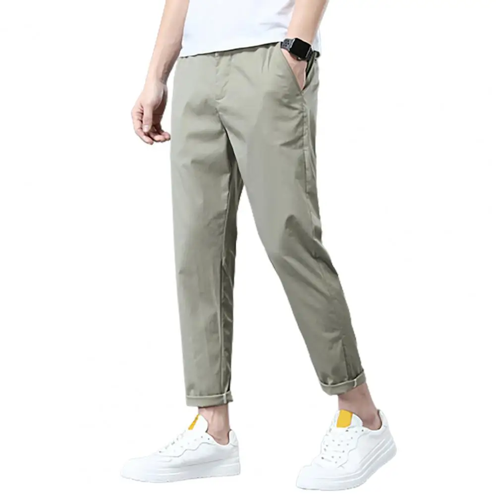 

Men Pants Button Fly Pockets Thin Straight Leg Sport Pants Streetwear