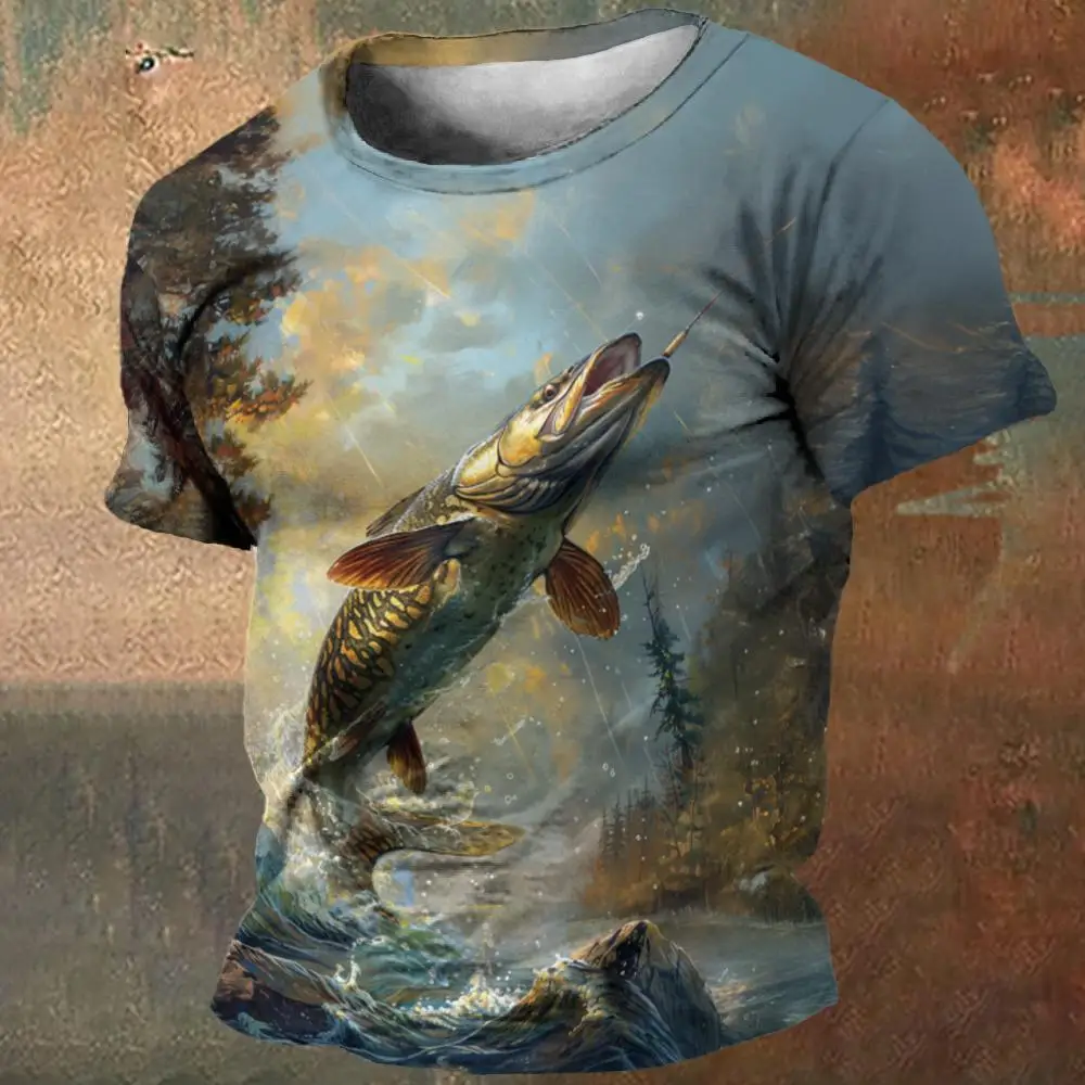 Retro Men\'s T-Shirt Fishing Print Short Sleeve T-Shirts For Men Fashion Sports T Shirt Mens Loose Oversized Men Clothing Tee Top