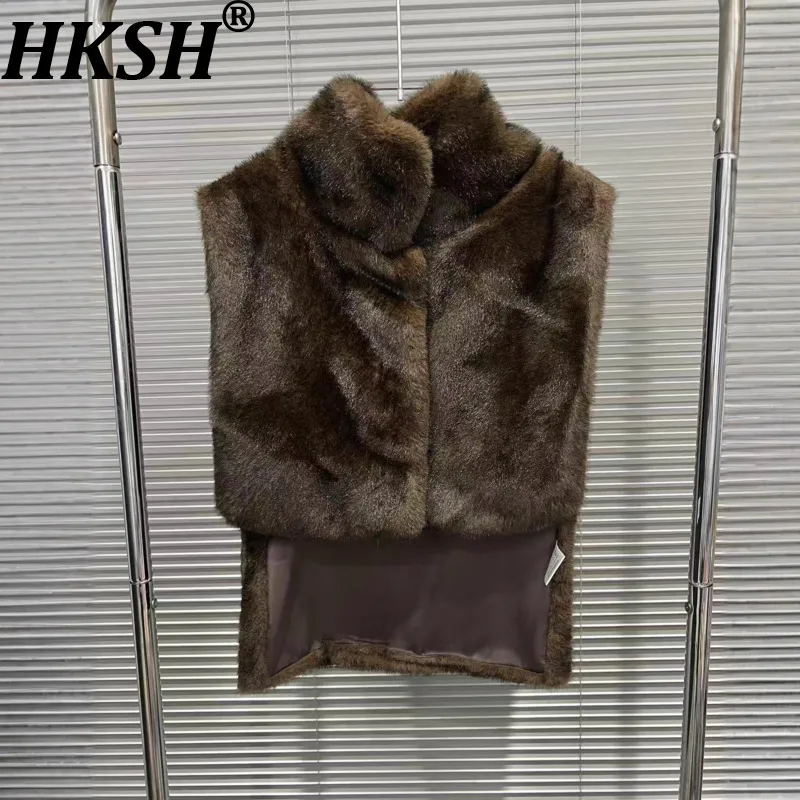 HKSH 2025 خريف شتاء جديد صدرية دافئة الوقوف طوق فو الفراء الفاخرة الشارع الشهير الاتجاه الأنيق بلا أكمام سترة سميكة HK15471 #1
