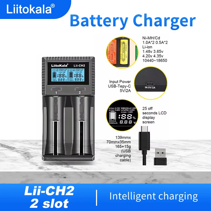 LiitoKala Lii‑202 Dual Slot Charger 110‑220V AC Input for 14500 14650 16650 Rechargeable Lithium Batteries Universal Smart Batte