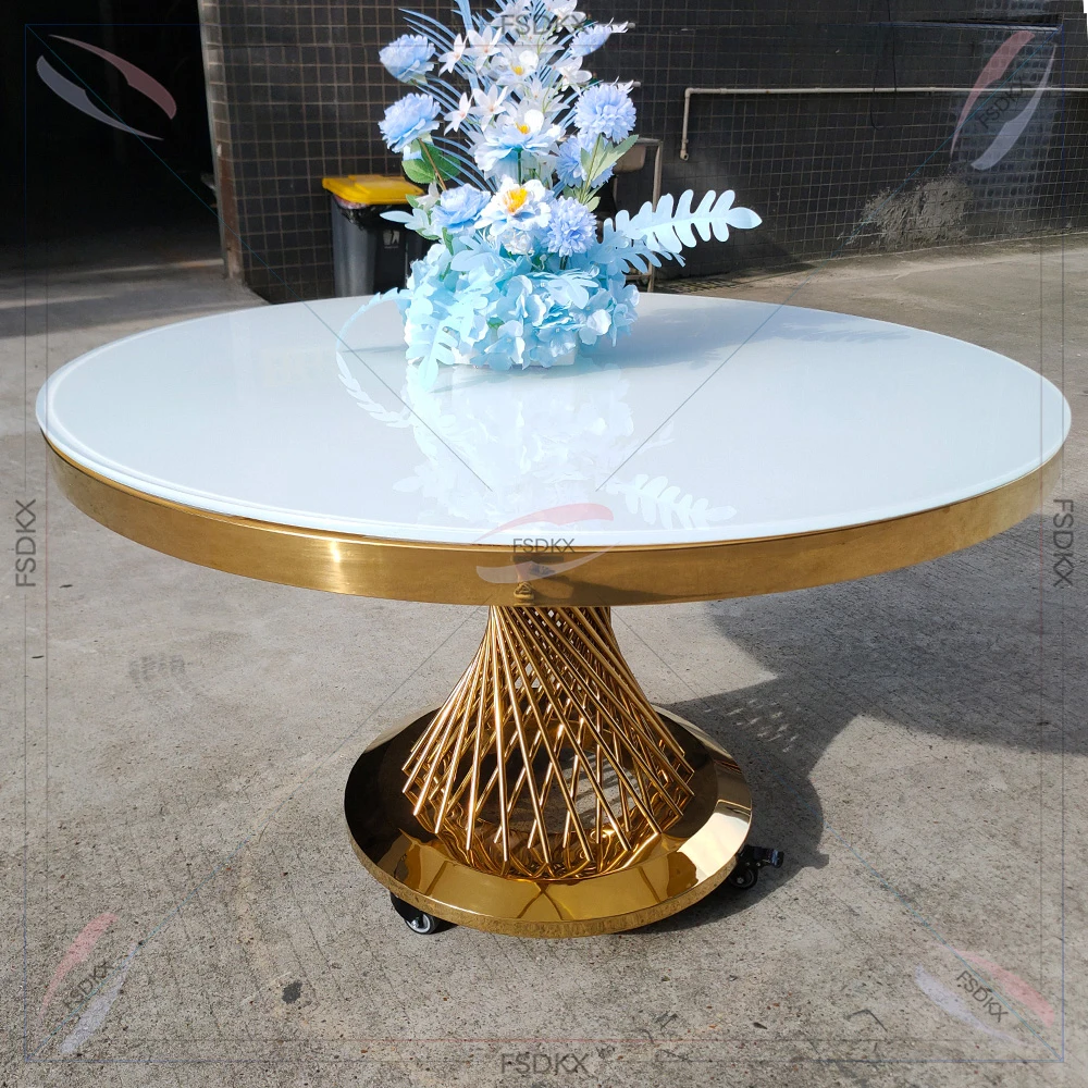 Luxury Exquisite folded round stainless steel dinning table glass cover table legs with wheels