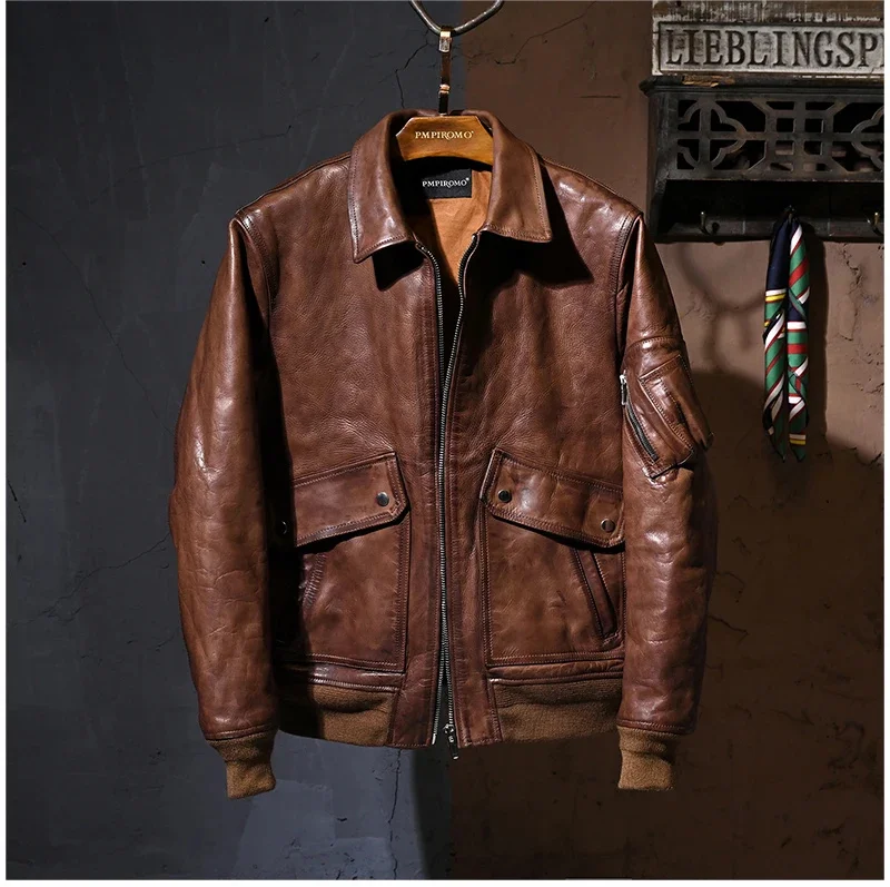 YR!Wholesales.New style Vintage casual Calfskin jacket.Men brown A-2 new design quality leather coat.Luxury cloth