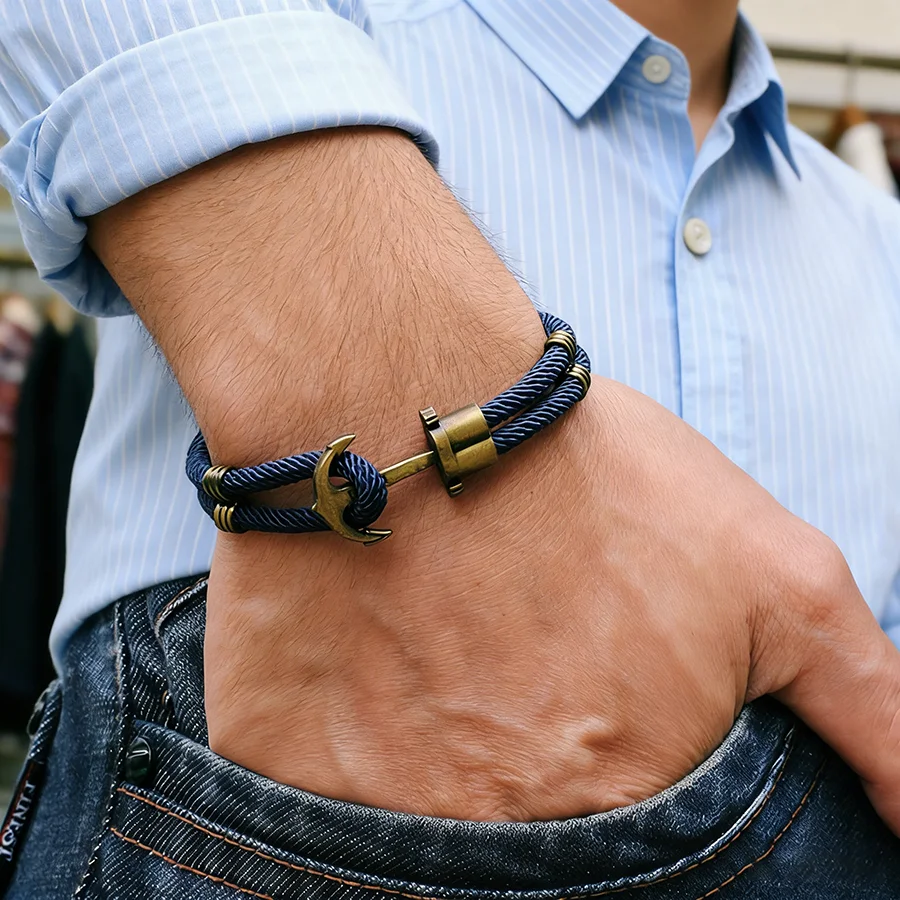 Vintage Anchor Hook Bracelet Men Bilayer Grade A Durable Nylon String Nautical Braslet Cool Surfing Cycling Homme Wrist Jewelry