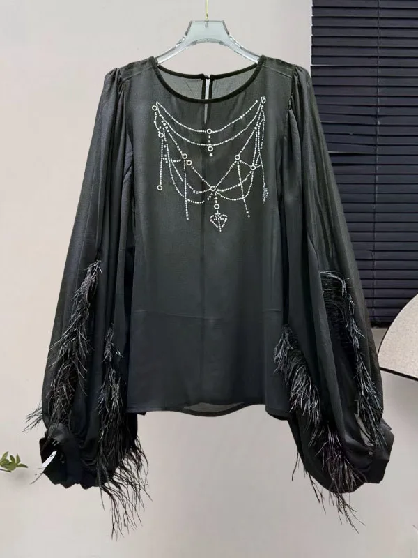 

Модный весенний топ 2026 года из чистого шифона с перьями, однотонный, свободного кроя, с декором из страз, в корейском стиле, для повседневной носки, женский, irt