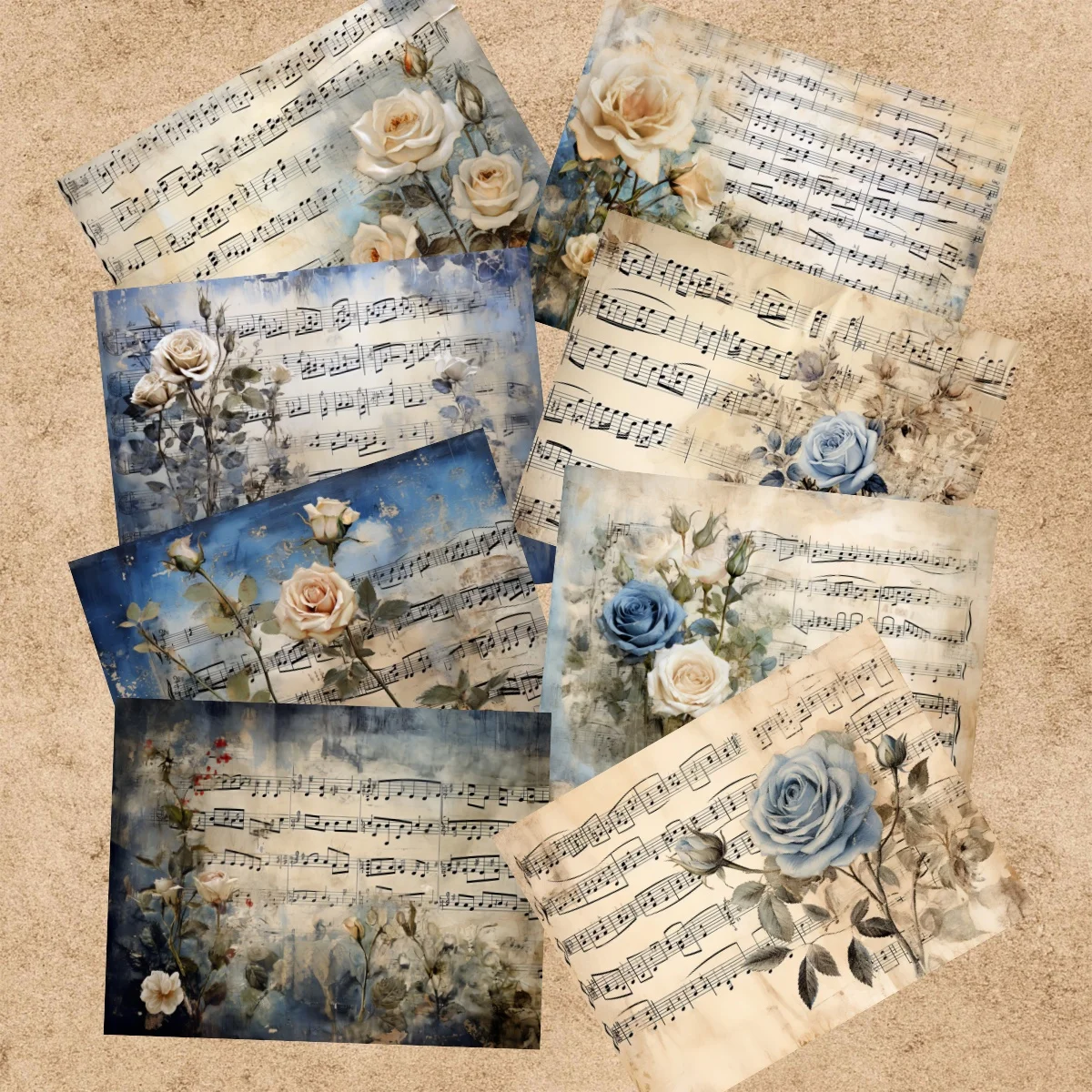 16 Sheets A5 Size Retro White Rose Flowers Blue Background Sheet Music Vintage Grunge Journal Planning Scrapbooking