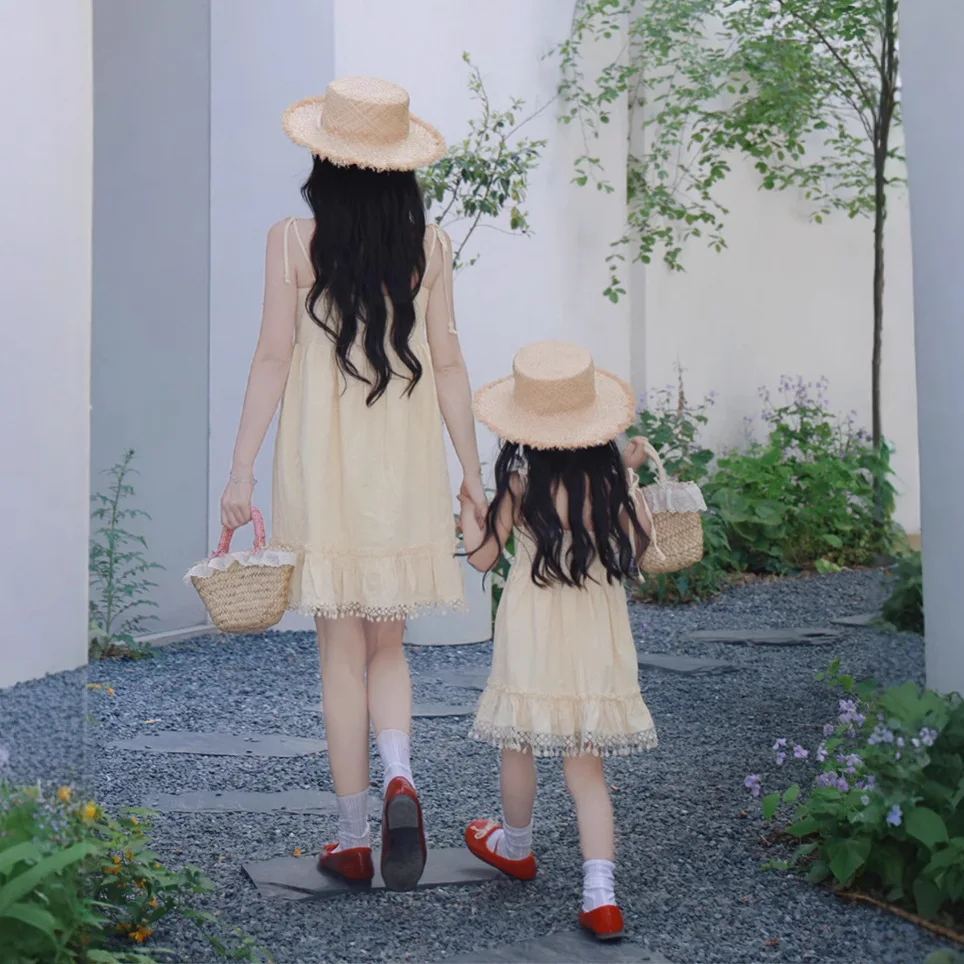 ​2025 Summer Yellow Floral Dress Set for Mom and Girl - Cotton Lace Matching Outfit, Boho Vacation Style Kids Clothes