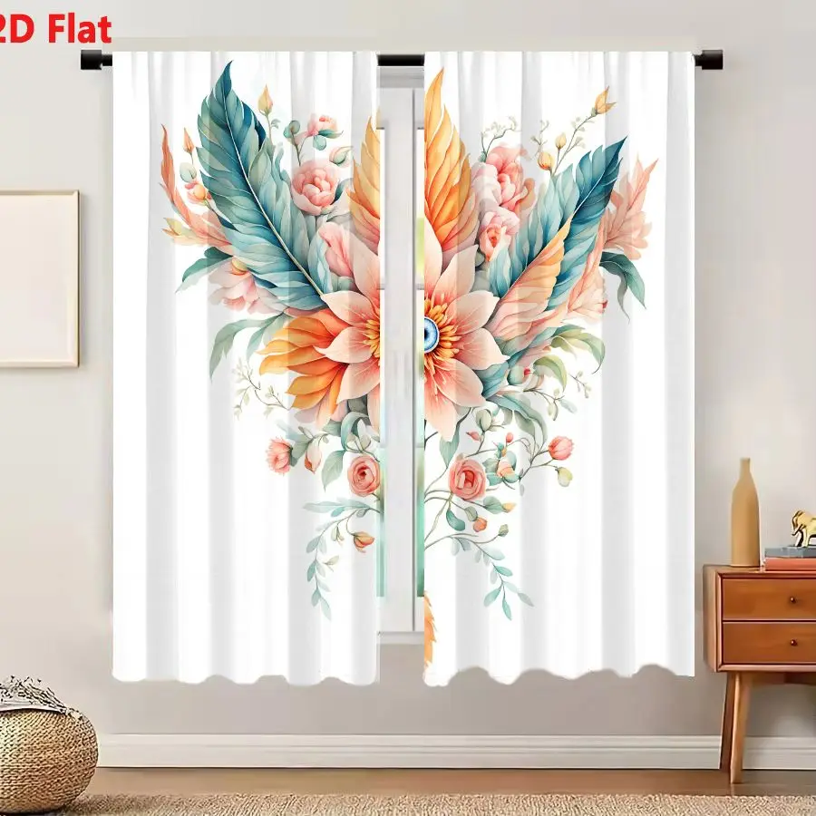 2Pcs Curtains 2D Flat Whimsical Watercolor Floral Arrangement With Stylized Peach Coral Flower Blue Iris Eye Center Pink Roses P