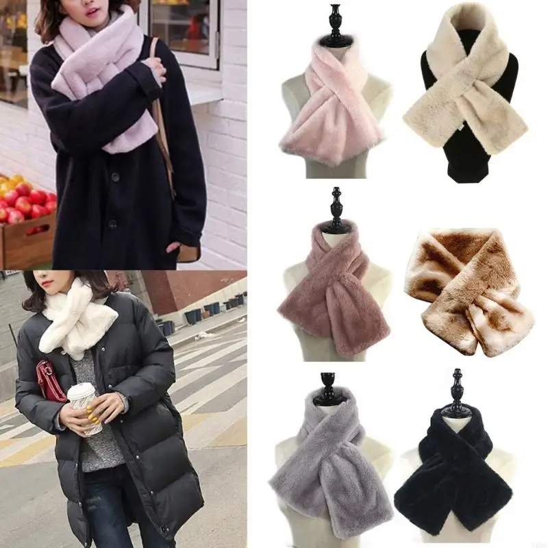 N80C Women Girls Winter Faux Fur Scarf for Cross Tie Band Furry Plush Cozy Warm Scarves Shawl Wrap Loophole Collar Neckerchie