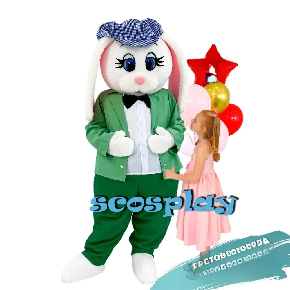 

Rabbit Easter Bunny Mascot Costume with Green Suit Walking Doll Clothes Halloween Christmas Fancy Party Accessories