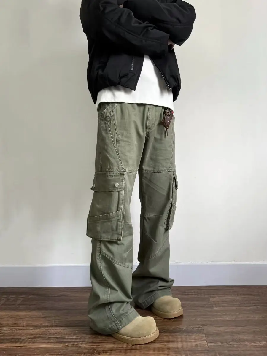 

American Decosition Design Men's Work Pants with Multiple kets Straight Leg Bell Bot Waed Casual Trousers