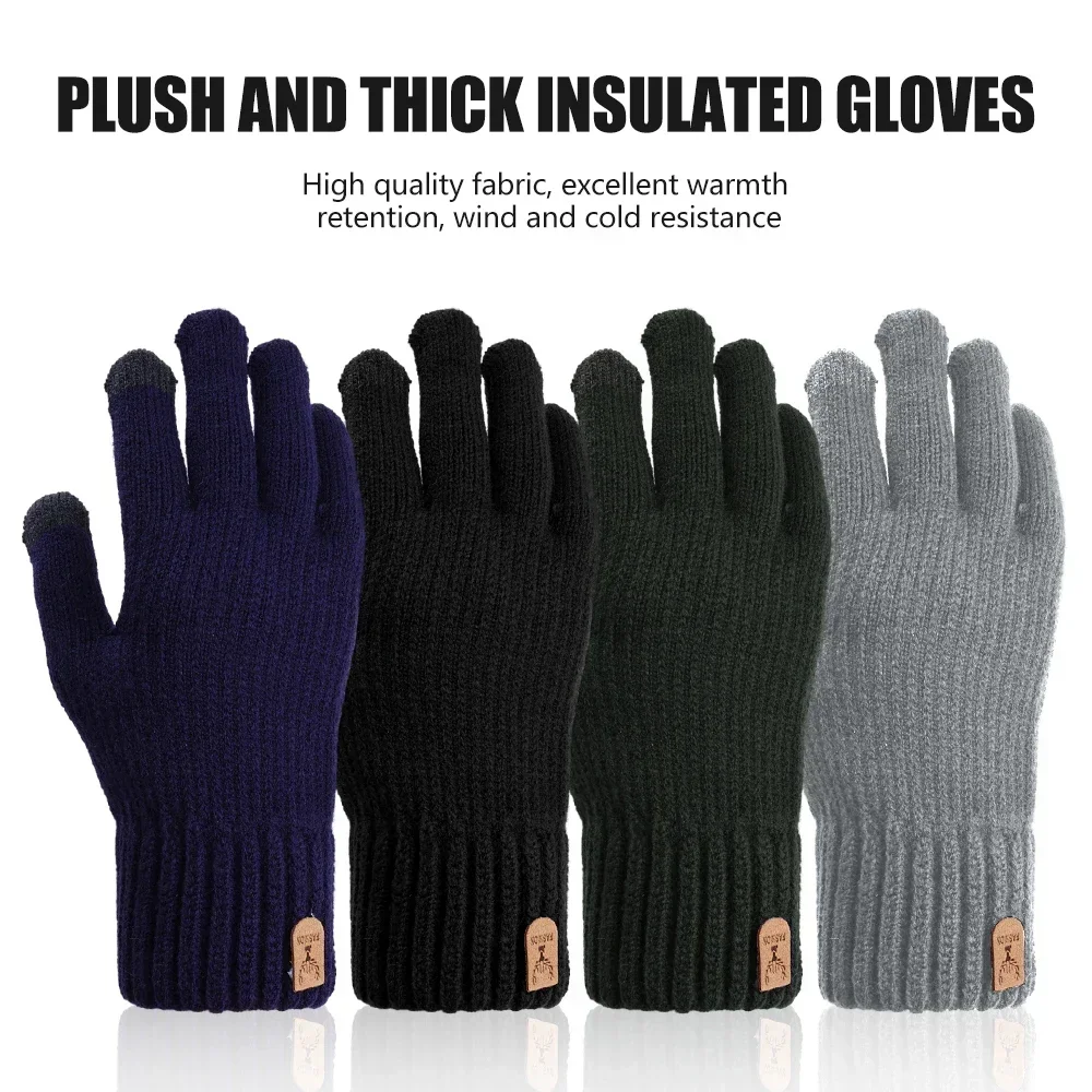 New Men\'s Warm Full Finger Gloves Winter Touchscreen Plus Fleece Gloves Woman Thickening Wool Knitted Cycling Driving Gloves