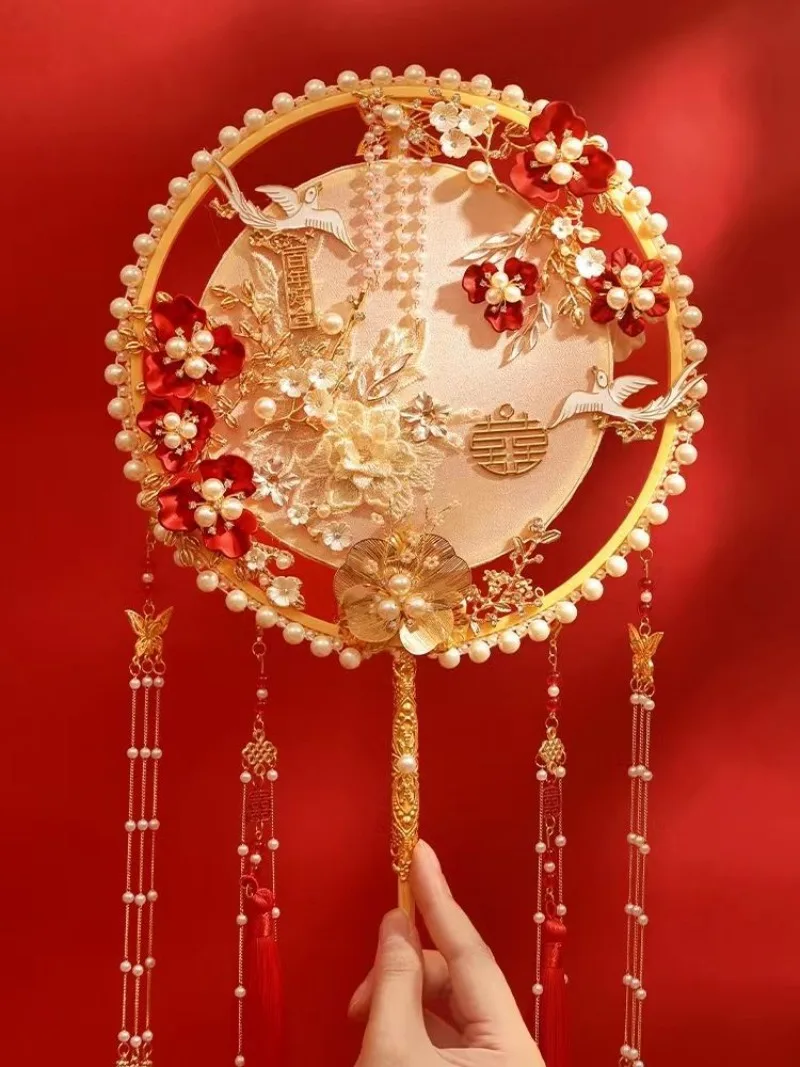 Champagne-colored Group Fan Wedding Bride Diy Material Package Hand-made Xi Fan Xiuhe Dress Wedding Chinese Wedding Mask Fan