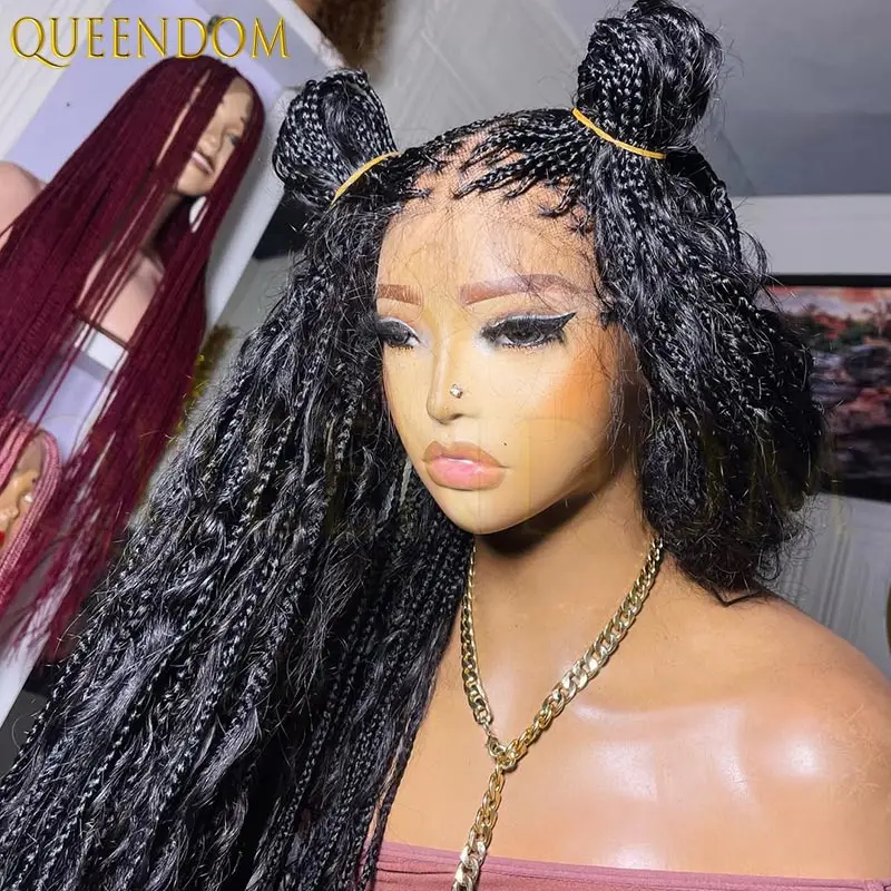Wig Sintetis Kepang Kotak Boho, Wig Keriting dengan Lace Front 13x6 untuk Wanita Kulit Hitam, Rambut Kepang Bohemian Goddess Locs
